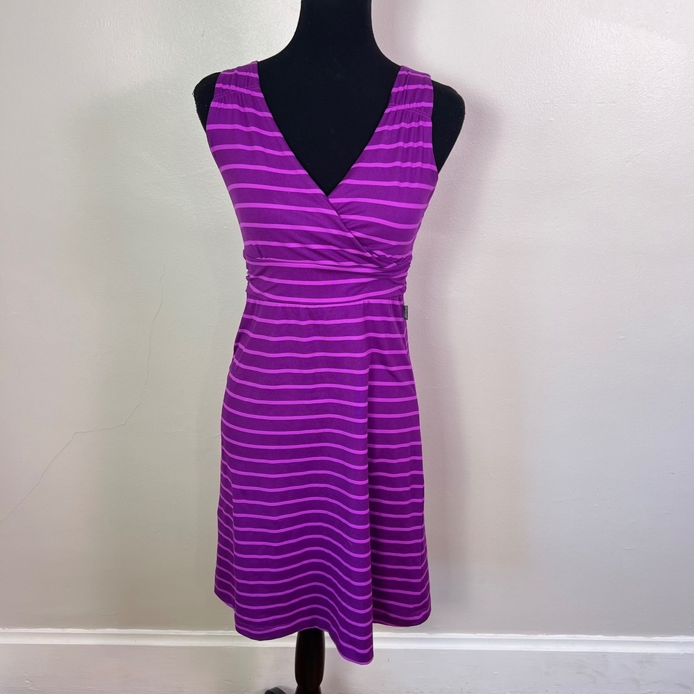 Eddie Bauer Womens XS Purple Striped Sleeveless Faux Wrap Empire Waist Dress
